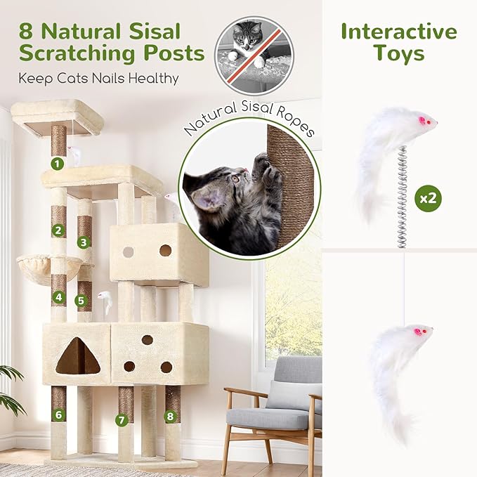 Globlazer Extra Large Cat Tower, 81-inch Tall Cat Tree for Big Cats 20 lbs, XXL Heavy Duty Cat Scratching Tower for Indoor Adult Cats with 3 Cat Condos, 8 Scratching Posts, F81, Beige