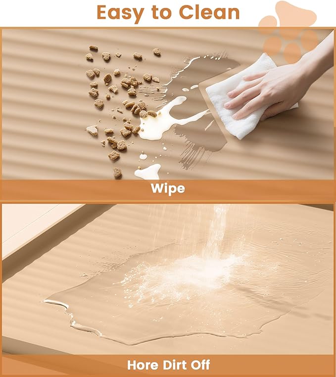 Dog Food Mat 36"x24", Waterproof Pet Feeding Mat with Diversion Grooves and Raised Edges, Large Non-Slip Dog Bowl Mat for Food and Water, Cat Food Mat for Floors, Easy to Clean, Khaki