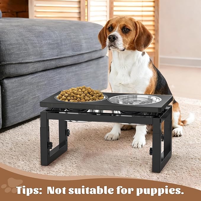Elevated Dog Bowls Black, 4 Height & Angle Adjustable Raised Dog Bowl Stand, Elevated Dogs Bowl Station for Medium Sized, Sturdy Bamboo Dogs Feeding Station with 2 Stainless Steel Dishes (48oz/6cup)