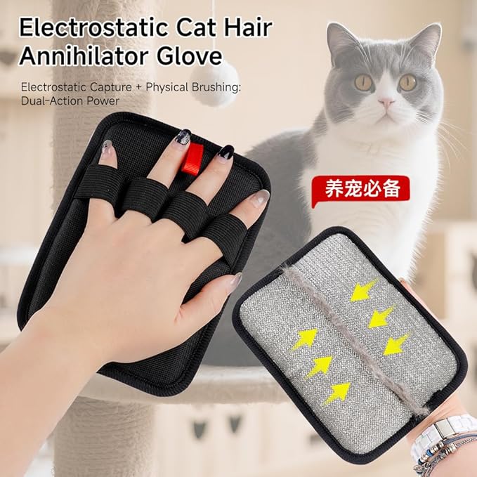 Pet Hair Removal Glove（2Pcs Back）- Reusable Magic Brush for Furniture, Carpet & Bedding. Electrostatic Lint Mitt for Cat & Dog Hair. Upgraded Fur Remover Tool.