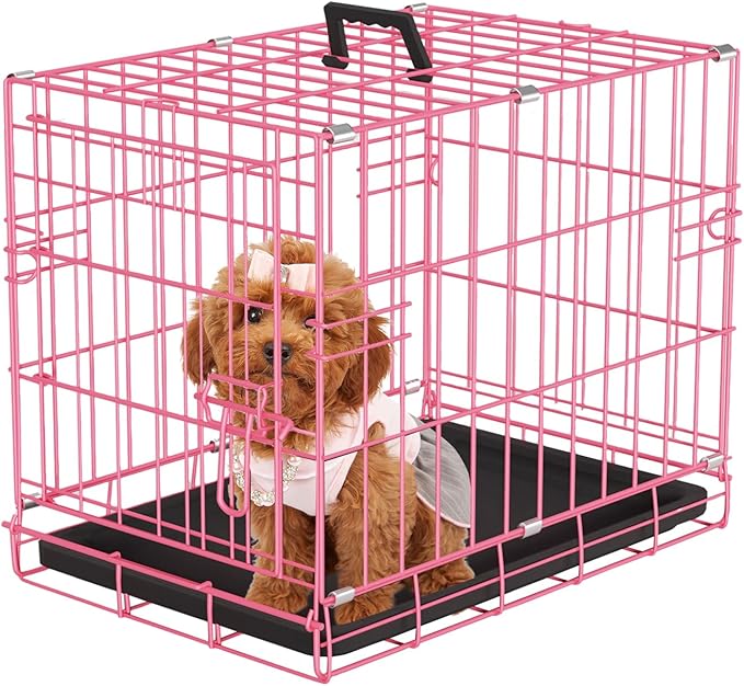 PayLessHere 18 Inch Dog Crate Kennel for Small Dogs Metal Cage Single-Door Folding Travel Indoor Outdoor Puppy Playpen with Divider and Handle Plastic Tray,Pink