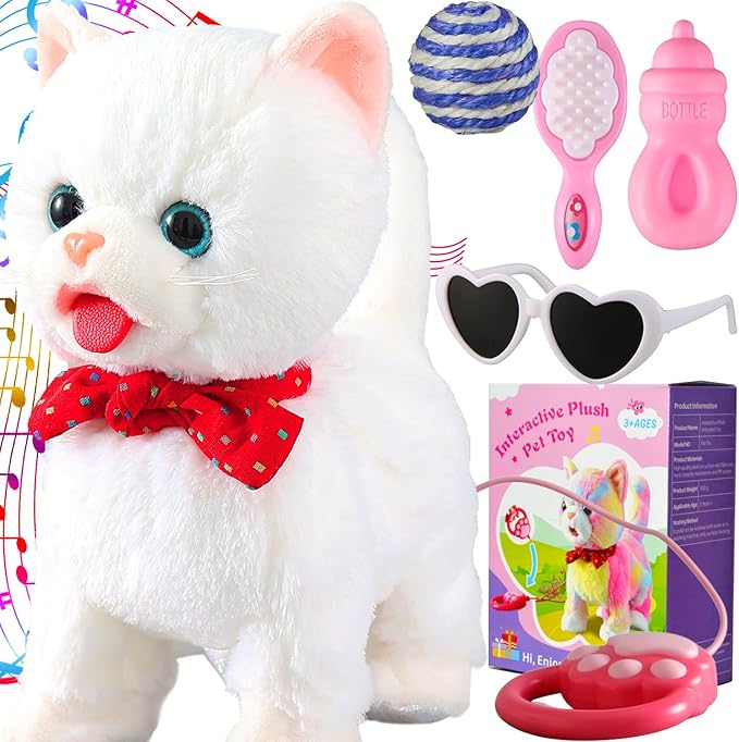 White Leash Walking Cat Set Interactive Talking Cat Singing Dancing Kitten Mimicking Repeat What You Say Kitty Touch and Voice Control Nodding Wagging Tail Plush Electric Kitty for Kid Gril