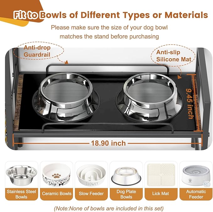 Elevated Dog Bowl Stand with Toy Bin Basket, 4 Height Adjustable Raised Feeding Station Cabinet, Lifted Food and Water Bowl Holder, Pet Storage Organizer for Large Medium Small Dogs