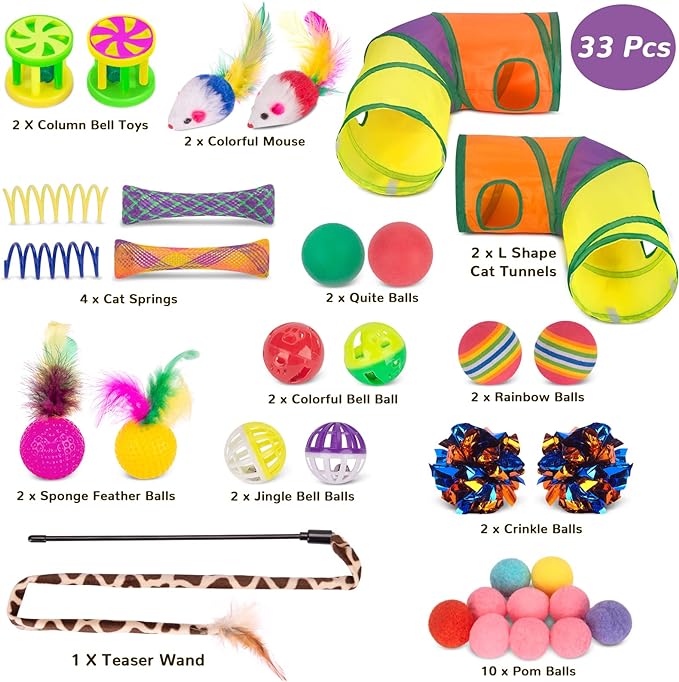 Retro Shaw 33Pack Cat Toys, Cat Tunnels Toy for Indoor Cats Kitten Kitty, Interactive Large Cat Tube Tent Feather Wand Teaser Bell Fuzzy Ball Springs Mouse Pet Set