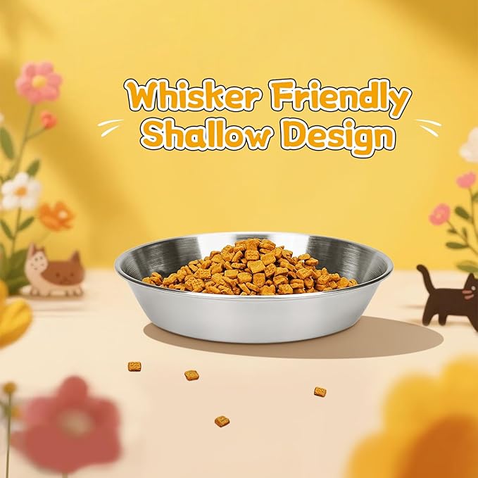 4-Pack Stainless Steel Cat Bowls for Food and Water, Shallow Whisker Friendly Non-Slip Silicone Bottom Dishes, Easy to Clean Indoor Feeding Kitten Metal Plate (5.9")