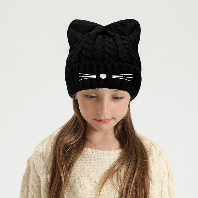 Kids Girls Cat Ear Hat Winter Warm Knit Beanie Cute Ski Skull Cap for Ages 7-12
