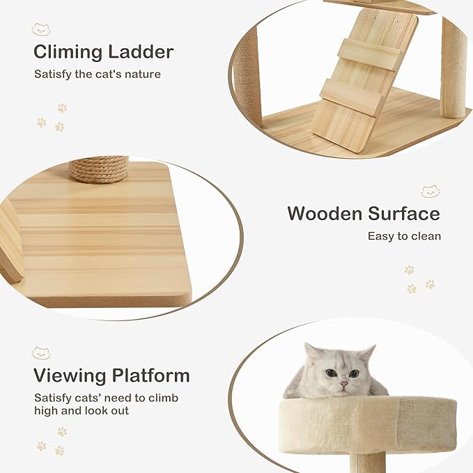 EUREKA ERGONOMIC Cat Tree Tower, 46.5 Inch Modern Cat Tower with Scratching Post, Multi-Level Large Cat Condo Wooden Cat Stand with House, Pompoms, Cat Tree with Scratch Pad (Yellow)