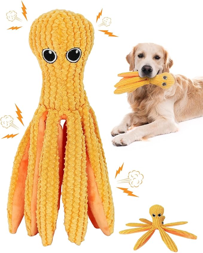 Crinkle Squeaky Dog Toys for Large Dogs, Durable Plush Chew Toys for Aggressive Chewers, Interactive Tug of War Toy, Teething Gift to Keep Them Busy and Relieve Boredom (Yellow Octopus)