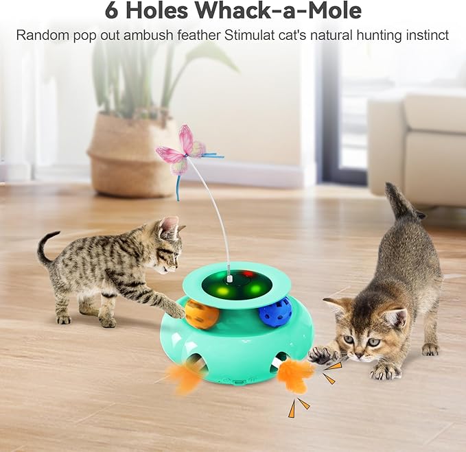 Cat Toys Interactive Rechargeable 3in1 Whack a Mole Cat Toy, Fluttering Butterfly, Track Balls, Touch Activated Automatic Kitten Toys for Indoor Cats