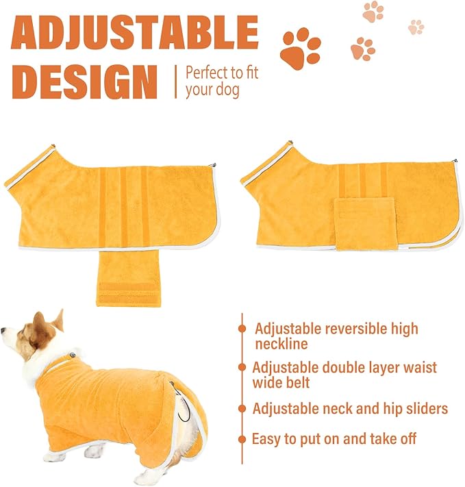 Dog Robe - Fast Drying Towel - Microfiber Super Absorbent Pet Bathrobe, Adjustable Collar & Belly Strap (Yellow, XX-Large)