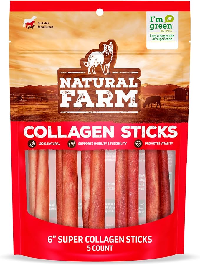 Natural Farm Odor-Free Super Collagen Dog Chews (6-Inch, 5-Pack) The First Ever Real Bull Sticks Alternative: 100% Natural Angus Hide Collagen Treats - More Protein, More Chew Time for All Dogs