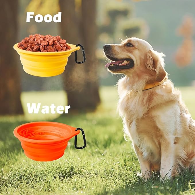 PetBonus 2-Pack Silicone Collapsible Dog Bowls, BPA Free Dishwasher Safe, Portable Foldable Expandable Travel Bowl, Food Water Feeding Cup Dish for Dogs Cats with 2 Carabiners (Orange, Yellow)