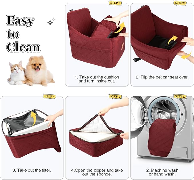 Dog Booster Car Seat for Dogs up to 35lbs, Safety Pet Car Seats with Anti-Slip Bottom, Travel Booster Dog Bed with 2 Storage Pockets (Wine Red, Medium)
