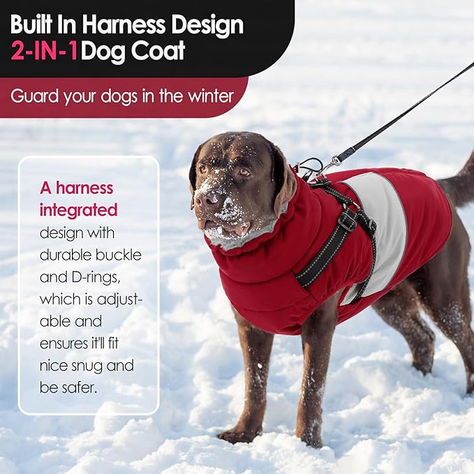 AOFITEE Dog Coat, Large Dog Jacket, Dogs Coat with Harness Built in, Reflective Waterproof Dogs Jackets Winter with Furry Collar, Warm Polar Fleece Pet Sweater Snowsuit for Doberman, Great Dane, XXL
