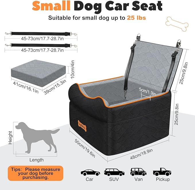 Small Dog Car Seat, Waterproof Dog Booster Seat with Thick Cushion & Safety Leash, Removable Car Back Seat Bed for 1 Small Dogs Under 25lbs, Pet Car Seat for Travel, Black/Gray