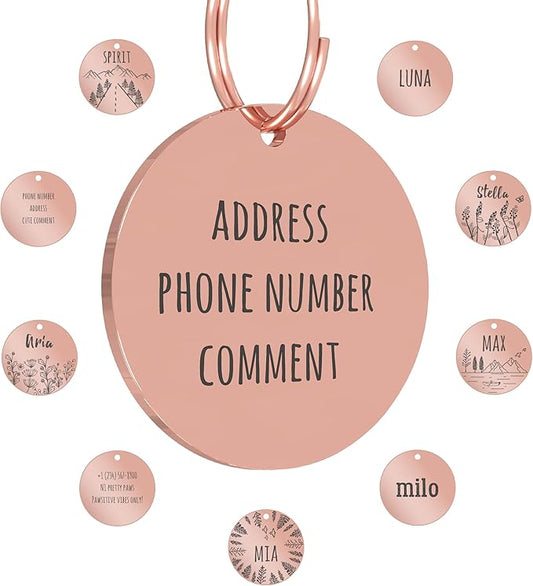 PawFurEver Personalized Dog Tags Engraved for Pets - Dark Etching Dog Name Tag with Front and Back Engraving - Made in USA - Stainless Steel Dog Tag Personalized for Pets (Circle, Rose Gold)