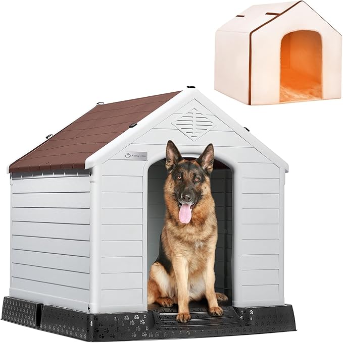 LEMBERI Durable Waterproof Plastic Dog House for Small to Large Sized Dogs, Indoor Outdoor Doghouse Insulated Puppy Shelter with Elevated Floor, Easy to Assemble (Brown with Liner, 42''L*38''W*39''H)