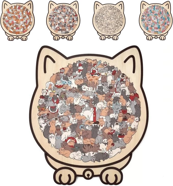135-Piece Wooden Jigsaw Puzzle, Cat Shaped Puzzle for Home Decor, Cute Animal & Macaron Color Art, Framed Morandi Style Wall Decoration Gift (Wooden Natural Color)