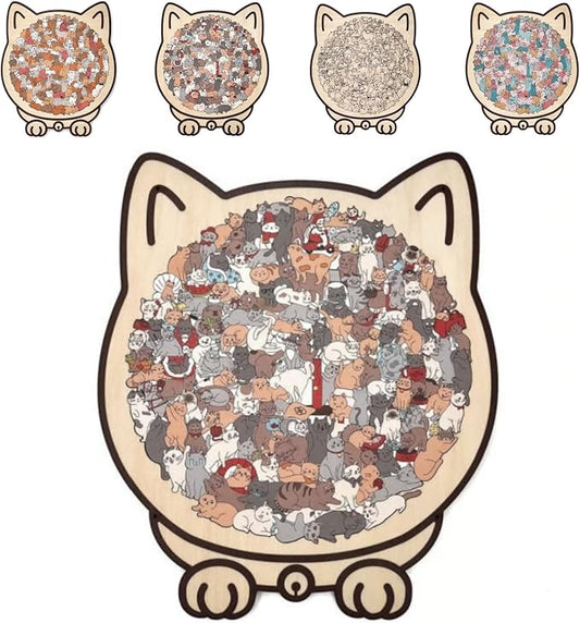 135-Piece Wooden Jigsaw Puzzle, Cat Shaped Puzzle for Home Decor, Cute Animal & Macaron Color Art, Framed Morandi Style Wall Decoration Gift (Mondrian Color)