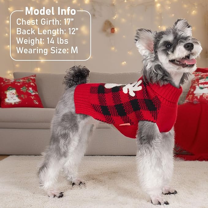 KYEESE Dog Christmas Sweater with Reindeer Pattern, Cozy Large Pet Christmas Red Buffalo Plaid Knit, Turtleneck Dog Sweater for Large Dogs with Leash Hole, Soft Warm Pet Clothes, XXX-Large