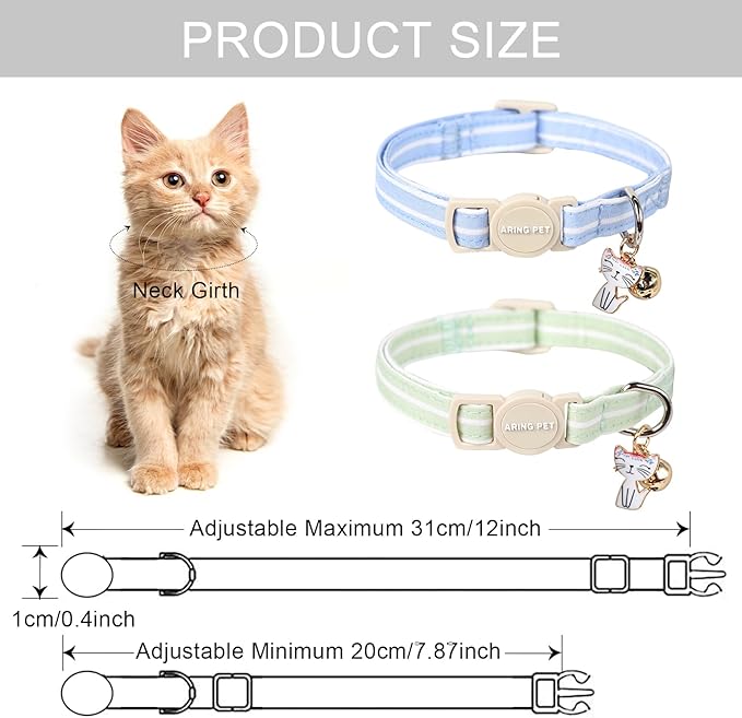 ARING PET 2 Pack Cat Collar-Cute Cotton Cat Collar Breakaway with Bell & Pendant, Adjustable Blue Green Striped Kitten Collars with Safety Buckle for Girl and Boy Pets