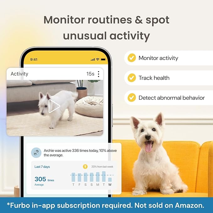 Furbo 360° Dog Camera: Pet Security Cam w/Barking Alerts, Rotating View, Treat Toss w/Phone App, Smart Home Puppy Monitoring, 2-Way Speaker, No Subscription Needed. Standard See, Talk, & Toss Features