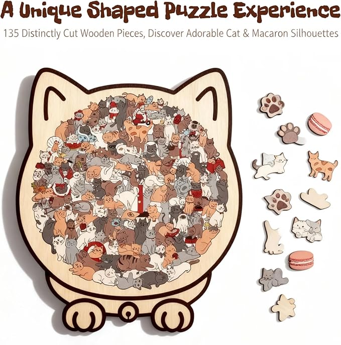 135-Piece Wooden Jigsaw Puzzle, Cat Shaped Puzzle for Home Decor, Cute Animal & Macaron Color Art, Framed Morandi Style Wall Decoration Gift (Mondrian Color)