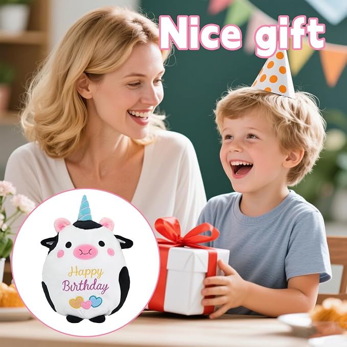 Cow Plush Toy 10 Inch Cute Cow Birthday Stuffed Animal Soft Cow Plushies Pillow Wear Unicorn Birthday Hat Kawaii Cartoon Doll Gifts for Kid Toddlers Home Room Decoration