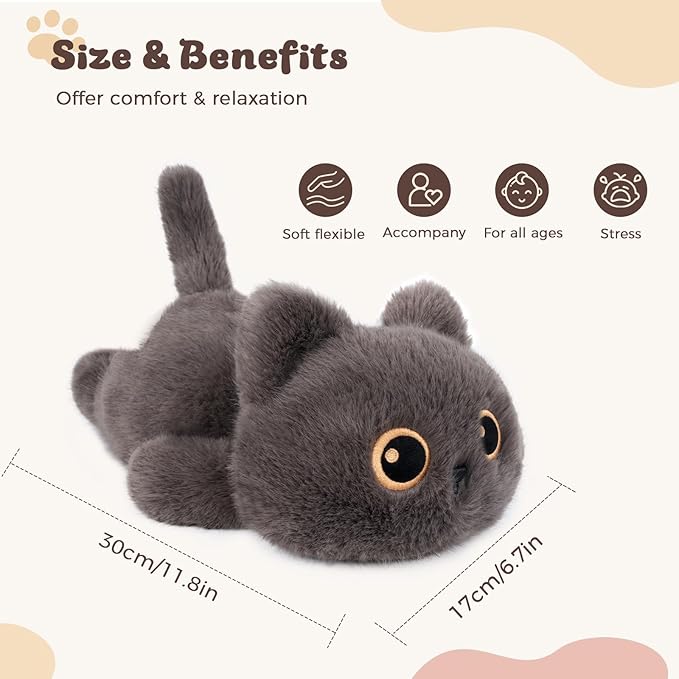 1.9 lbs Weighted Stuffed Animals Cat - Dark Grey Cat Plush, Cute cat Stuffed Animal Kawaii Plushies Hugging Toy Gifts for Kids Boys Girls & Adults