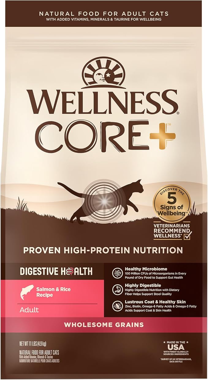 Wellness CORE+ Adult Dry Cat Food for Indoor and Outdoor Cats, Wholesome Grains, Natural, Digestive Health Salmon & Rice (11 Pound Bag)