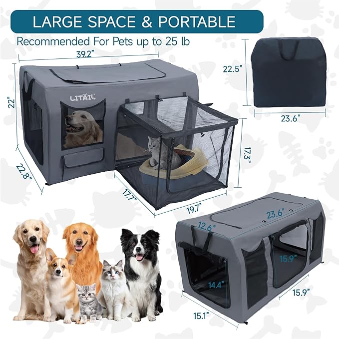 Extra Large Cat Carrier for Large and Medium Cats for 2 Cats, Portable Soft Sided Puppy Pet Carrier for Traveling, Indoor and Outdoor Uses, PVC Pipe Frame, 600D Oxford, 39" x 23" x 22"