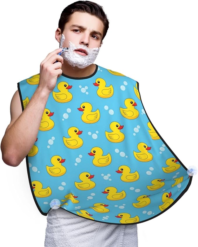 Adjustable Non-Stick Beard Apron, Hair Catcher Cape for Shaving Grooming, Waterproof with Suction Cups Men, Yellow Rubber Ducks Soap Bubbles Blue Shave Bib