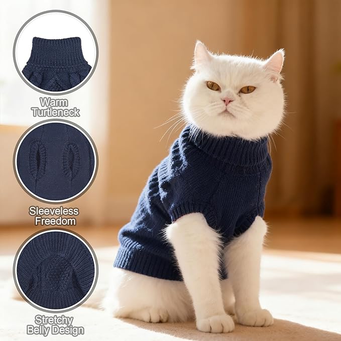 BINGPET Cat Sweater,Thermal Knitted Kitten Clothes Winter Coat,Classic Knit Turtleneck Cat Sweaters for Cats Only,Warm Pet Clothes for Kittens & Small Dogs Puppy Boy Girl Indoor Outdoor(Navy Blue,M)