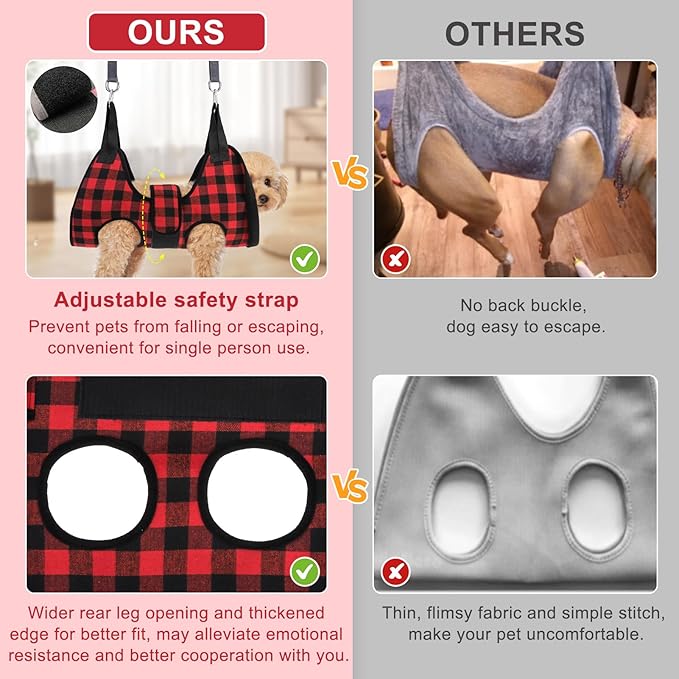 BEAUTYZOO Dog Grooming Hammock Harness for Nail Trimming - Adjustable Pet Restraint Sling for Small Medium Large Dogs/Cats -Secure Hanging Holder for Nail Clipping & Grooming (Christmas Buffalo Plaid)