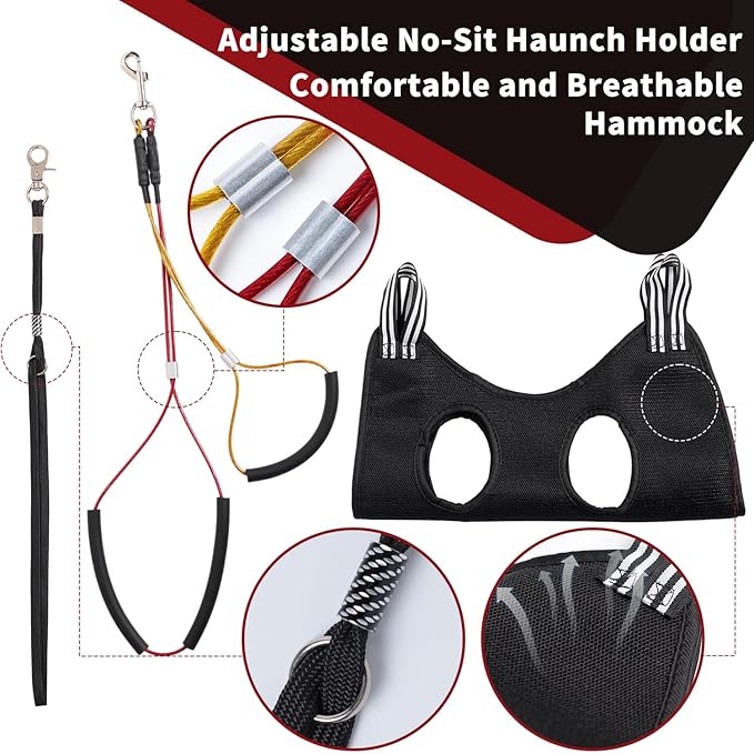 Dog Grooming Table Arm with Hammock - Adjustable Height, Pet Grooming Hammock, No Sit Haunch Holders, Loop Noose Heavy-Duty Clamp (Black)