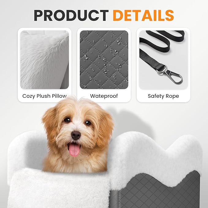 Portable Small Dog Seat for Car, Luxury Center Console Dog Car Seat Booster with Safety Tethers, Anti-Collapse Pet Travel Carseat for SUV, Truck (Dark Grey/White)