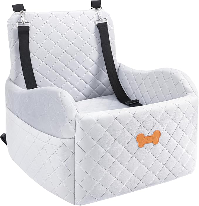 Dog Car Seat for Small Dogs, Dog Booster Seat Filling in Thick Memory Foam with 2 Safety Leashes and Storage Pocket, Suitable for Pet Under 30lb or 2 Puppies (Gray)