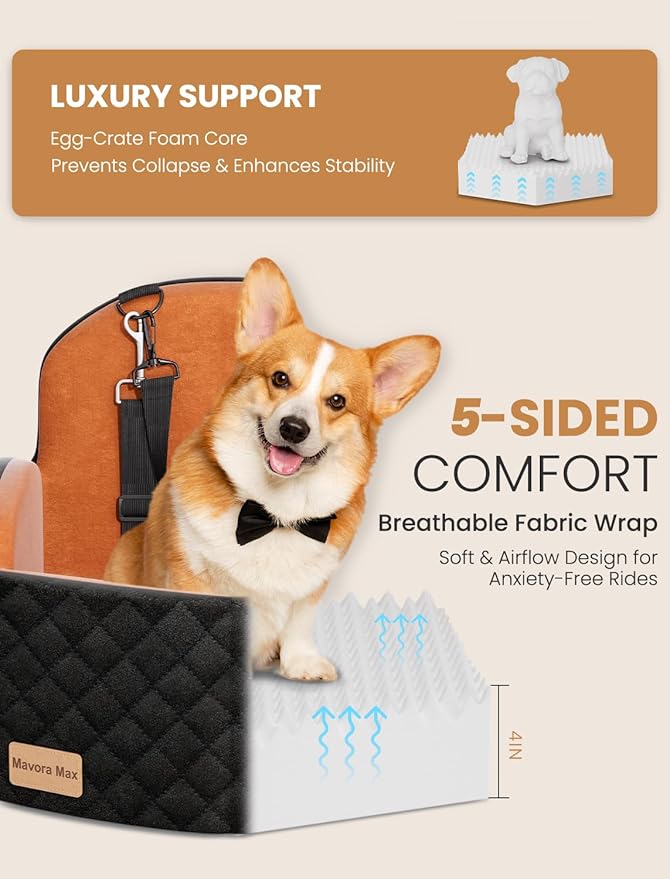 Dog Car Seat for Small/Medium Dogs, Elevated Dog Booster Seat Memory Foam Puppy Car Seat with Washable Cover, Travel Safety Pet Seat Bed for Car with Storage Pockets Up to 35 lbs (Black/Brown)