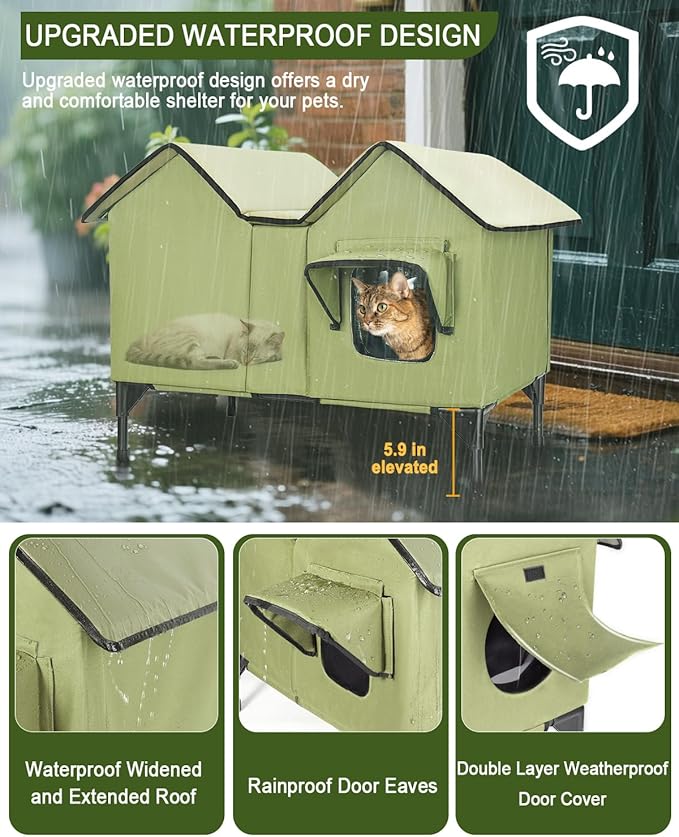 Extra Large Heated Cat House for Outside in Winter, Elevated Heated Outdoor Cat House Weatherproof with Heating pad, Insulated Outdoor Cat Shelter for Multiple Cats Small Dogs(Green)