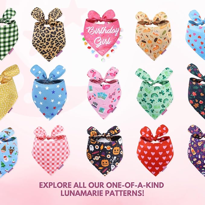 LunaMarie - Luxury Pet Birthday Bandanas -Premium & Silky Poly Fabric | 100% Handmade | Custom Shape Dual Layered (Strawberry, Small)
