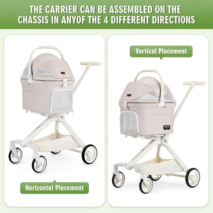 TT Lightweight Pet Stroller for Small Dogs & Cats - 4-Way Installation Carrier, One-Hand Fold, 180° Canopy Cover & Adjustable Handle (Beige)