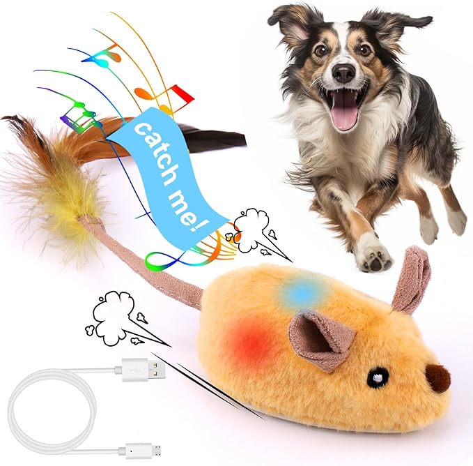 BABORUI Interactive Dog Toys Mouse, Escaping Mice Squeaky Dog Toys with Lights & Auto-Turn, Rechargeable Moving Dog Toy for Small/Medium/Large Dogs & Cats (Yellow)