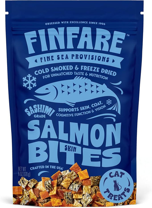 Finfare Freeze Dried Salmon Skin Bites, Grain Free Crunchy Salmon Cat Treats, High Protein & Omega-3s for Skin & Coat Health, Crafted in USA, 6oz