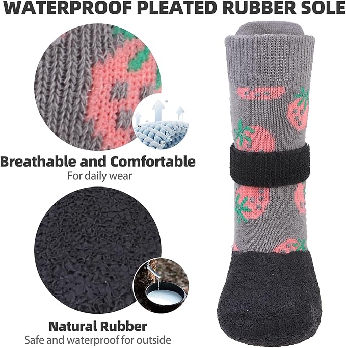 PUPTECK Anti Slip Dogs Shoes for Hot/Cold Pavement, Senior Booties, Rubber Boots & Paw Protectors for Small Medium Large Size Dogs to Prevent Licking, Grippy Socks for Hardwood Floors, Strawberry L
