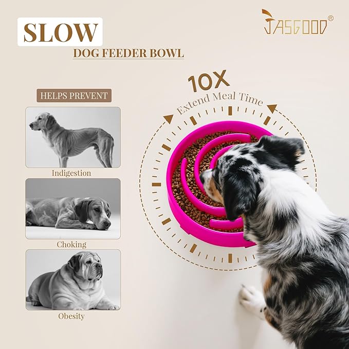 JASGOOD Slow Feeder Dog Bowl for Large Medium Dogs, Anti-Gulping Pet Slower Food Feeding Bowls, Stop Bloat, Preventing Choking, Healthy Design, R-Rose red