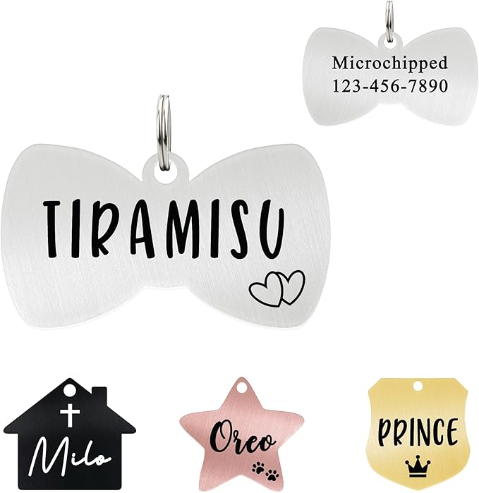 Ultra Joys Cat ID Tag Personalized Pet Tags, Durable Stainless Steel Small Pet Mini Dog Cat Tag Lightweight - Bowtie Tag in Silver