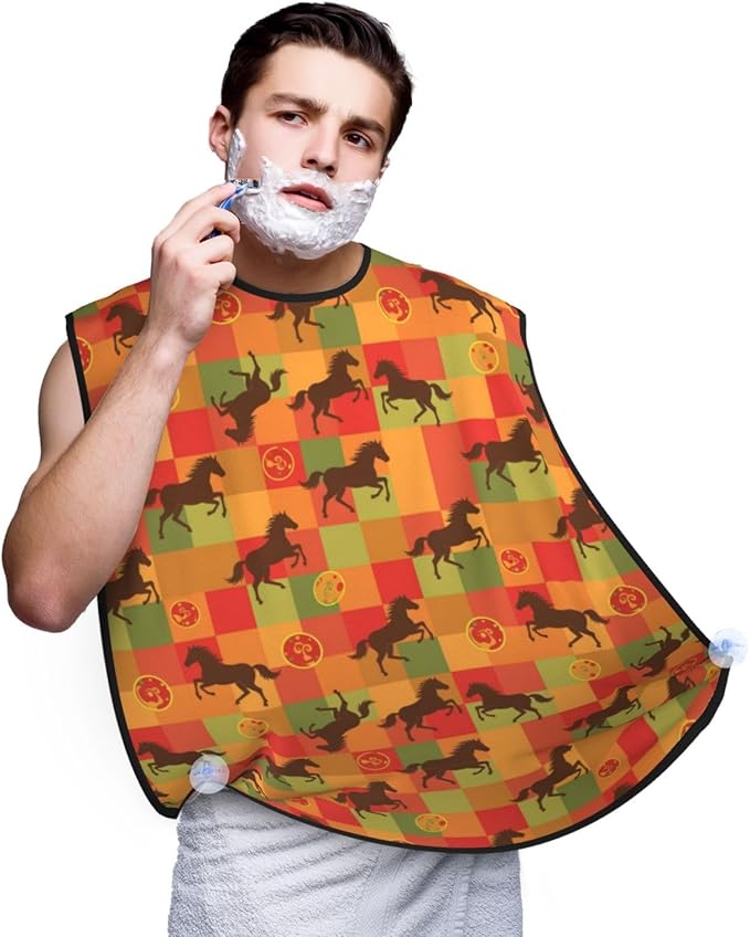 Waterproof Beard Grooming Bib, Horse Red Plaid Shave Bib, Non-Stick Hair Catcher for Shaving Trimming, Apron Essential for Men Dad