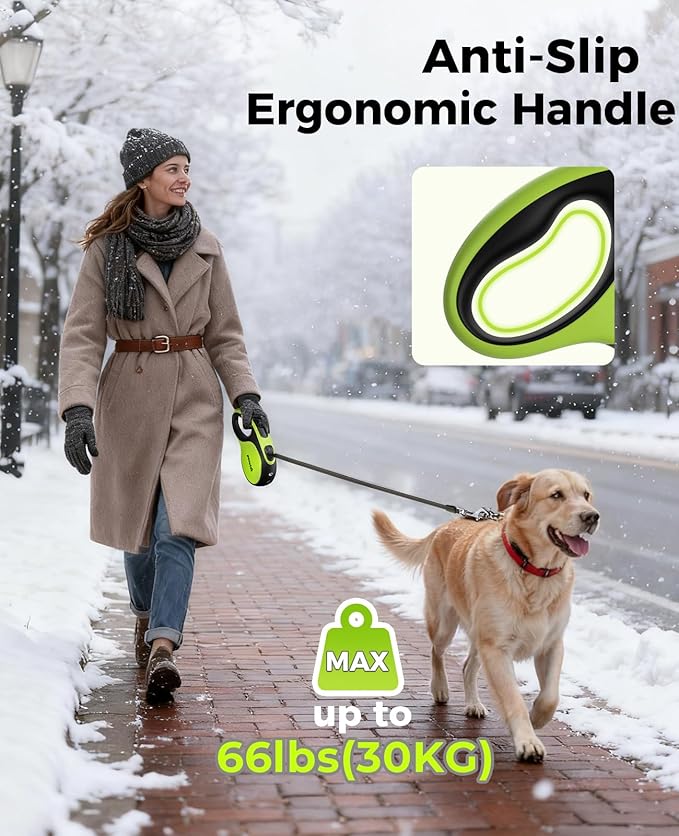 Retractable Dog Leash with Light, 16.4 ft Retractable Pet Leash with Anti-Slip Soft Grip, 360° Tangle-Free, One-Button Control, Reflective Leashes for Small Medium Dog Up to 66 lbs
