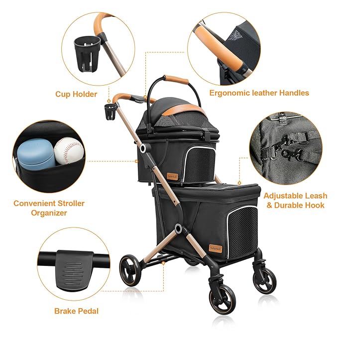 Double Dog Stroller for Small Dogs - 4 Wheels Medium Dog Jogger Stroller Detachable Cat Carriage, Storage Basket and One-Button Folding Frame for Pets Walk