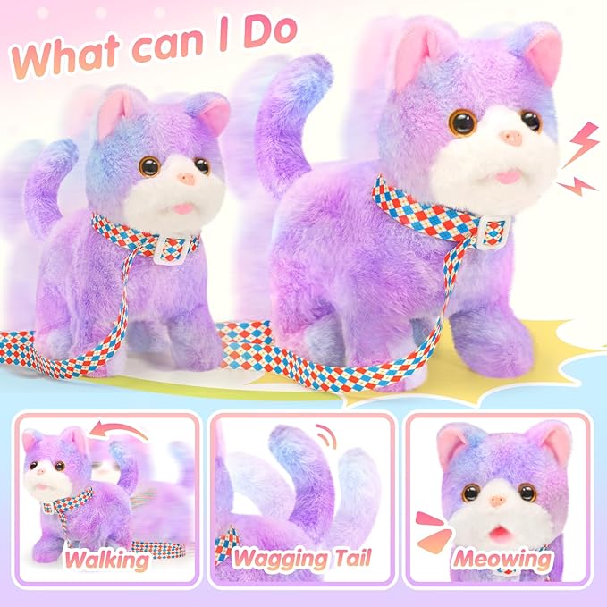 Plush Toys Cat for Kids with Leash, Interactive Electronic Kitty That Walking,Meowing,and Tail Wagging, Pretend Play Realistic Cat Christmas Birthday Gifts for Boys and Girls